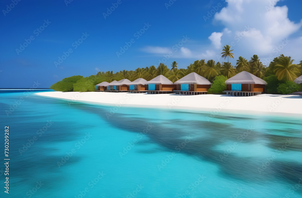 Fototapeta premium Overwater bungalow in the middle of the ocean, Sea villa on the islands for relaxation.