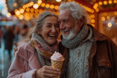 Beautiful sweet happy retired gray haired senior couple laughing, smiling, and eating ice cream in amusement park during festival. Joyful elderly people looking into each other eyes laughing