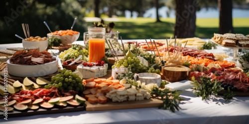 An outdoor rustic party with a delicious buffet, featuring a variety of fresh and tasty snacks.