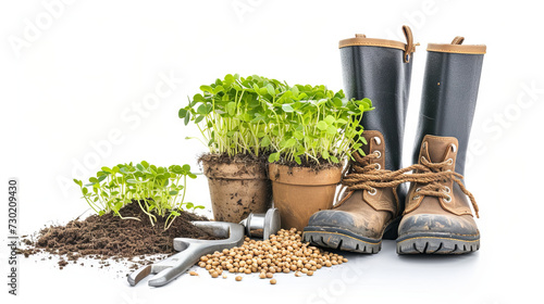 Garden boots, sprouts, shovels on isolated background photo