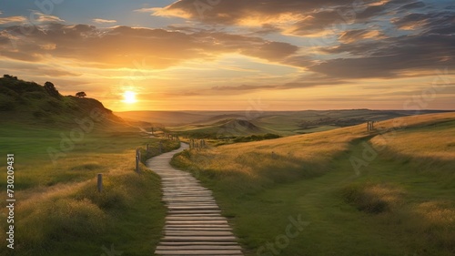 Golden hour sunset illuminates a serene path through rolling green hills. Ideal for tranquil nature themes, wall art, or backgrounds. High-quality landscape photo