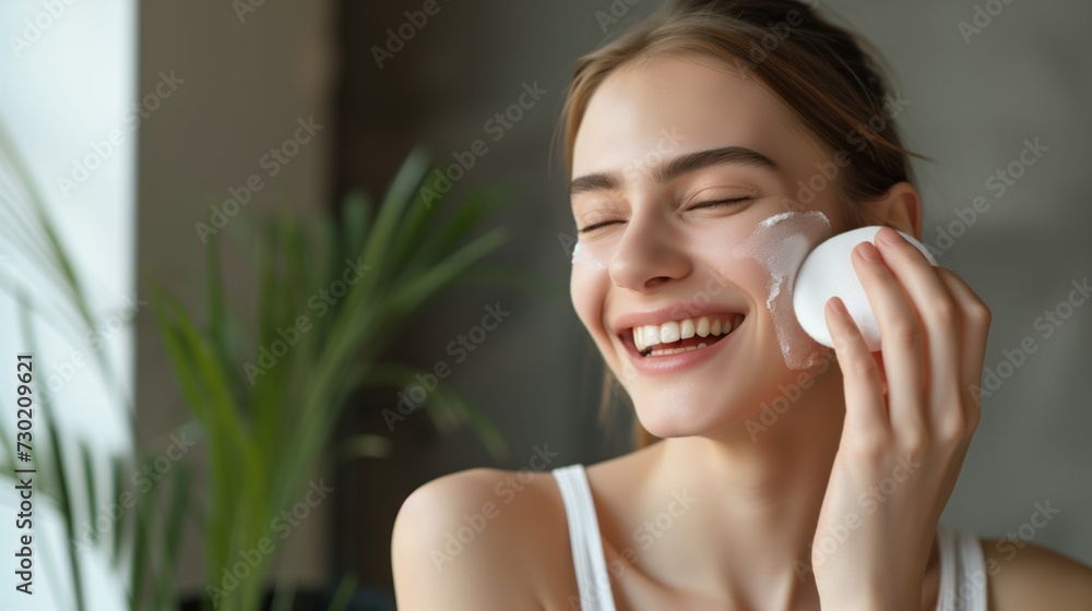 A smiling woman indoors joyfully removes makeup from her face using a brush, revealing her natural beauty copy space A smiling woman indoors joyfully removes makeup from her face using a brush, revealing her natural beauty copy space
