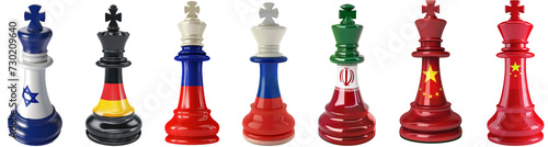 king chess piece with national flag printed on it. geopolitical balance concept collection  isolated on transparent background.  photo