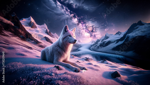 Un loup dans la neige avec voile lactée