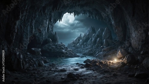 Moonlit cave opening with jagged rocks and reflective water under a full moon at night, creating a mysterious and eerie atmosphere.