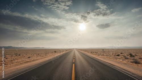Desolate straight road cutting through a barren landscape under a dramatic sky at sunset.