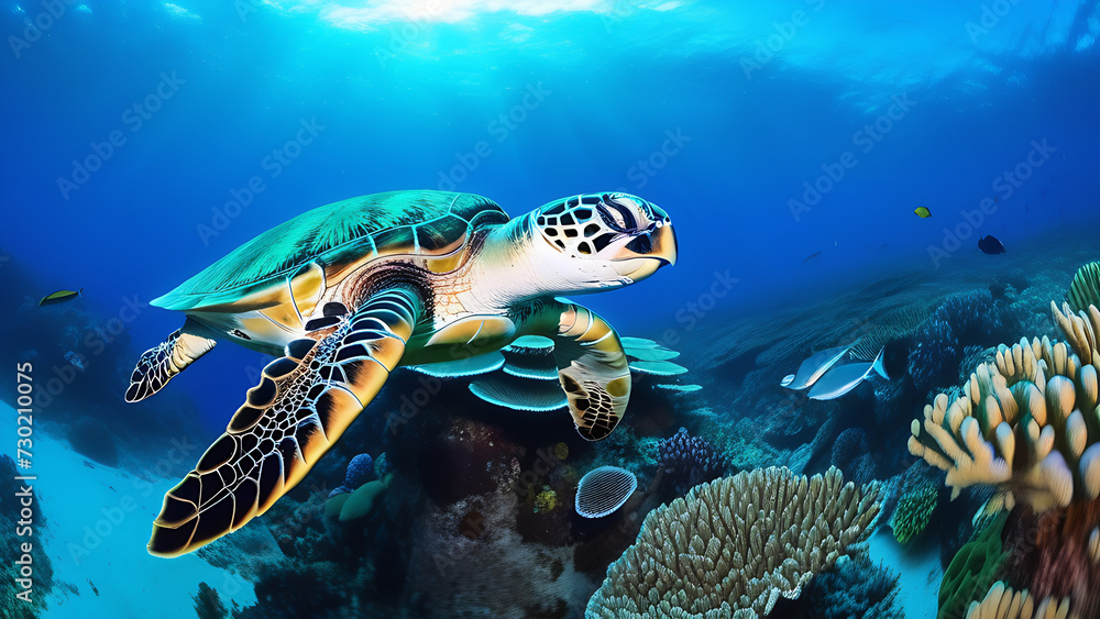 Fototapeta premium A large sea turtle swims among the corals, Large colored turtle,