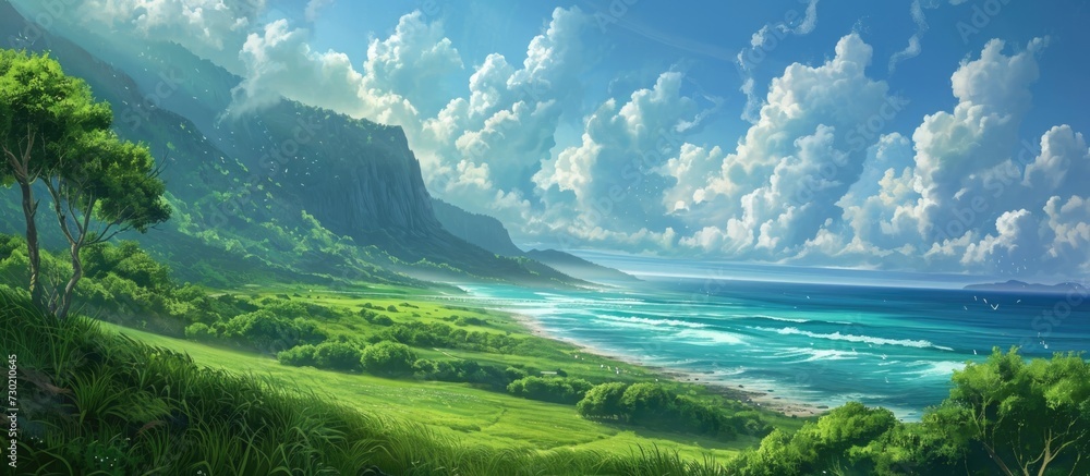 Peaceful scene featuring serene ocean, verdant fields, and unobstructed heavens.