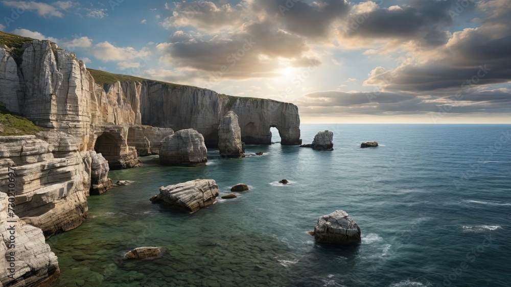 Sea cliffs with rocky formations, ideal for travel and nature themes. High-quality landscape photography: rugged cliffs, calm ocean, soft sunlight