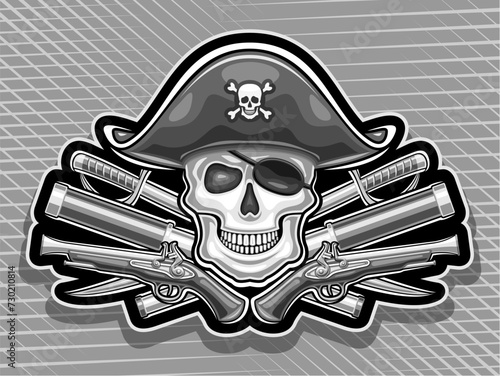 Vector logo for Pirate Skull, horizontal poster with illustration of smiling skull in sea hat and pirate eyepatch, decorative label with art design pirate skull for children party on grey background