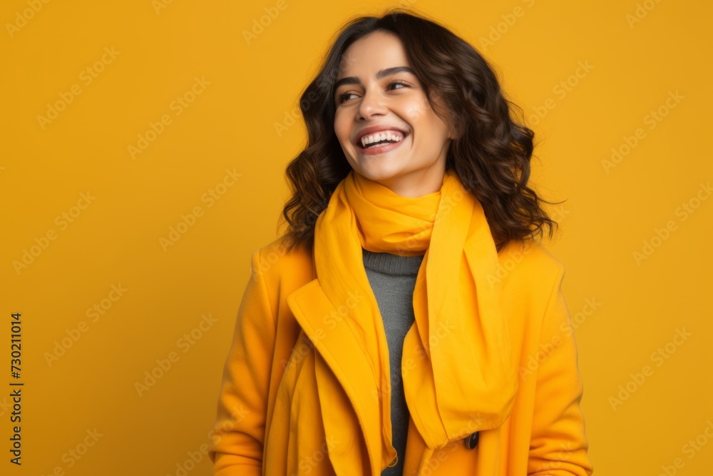 Portrait of happy young woman in yellow coat and scarf on yellow background Portrait of happy young woman in yellow coat and scarf on yellow background
