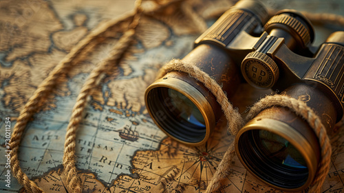 Treasure hunting concept, binoculars and vintage paper treasure map and rope