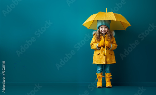 A sweet little girl in a yellow raincoat holding a bright umbrella against a blue background. Concept of childlike joy on a rainy day. Generative AI. photo