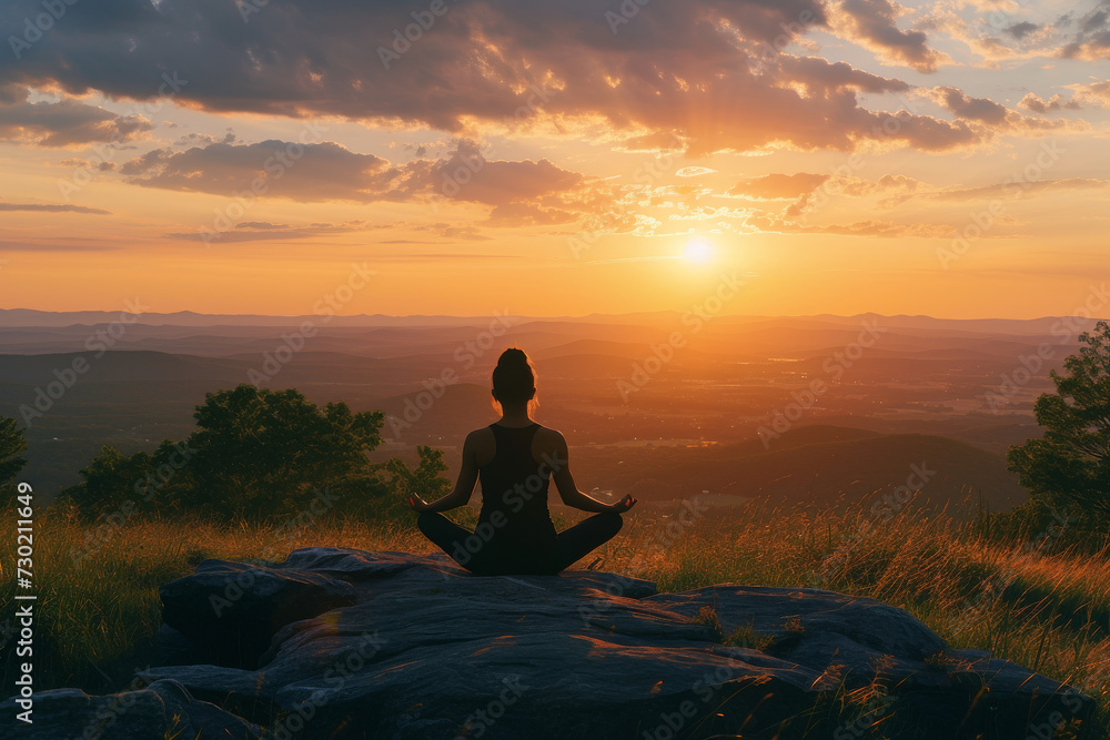 Woman doing yoga with breathtaking horizon view at sunset in nature on mountain