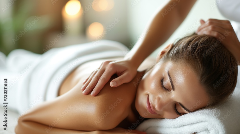 A young woman enjoys a relaxing back massage at a spa, with a serene and peaceful expression on her face. A young woman enjoys a relaxing back massage at a spa, with a serene and peaceful expression on her face.
