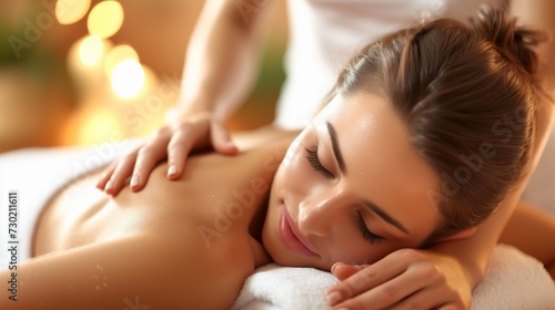 A young woman enjoys a relaxing back massage at a spa  with a serene and peaceful expression on her face.
