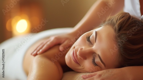 A young woman enjoys a relaxing back massage at a spa, with a serene and peaceful expression on her face.