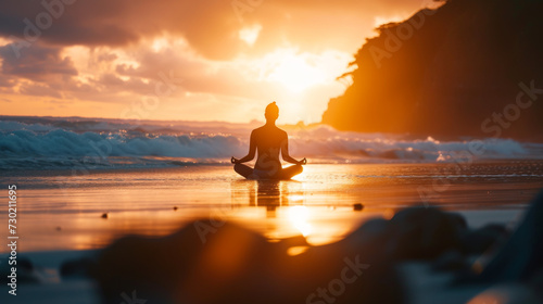 Woman doing yoga at beach at sunset