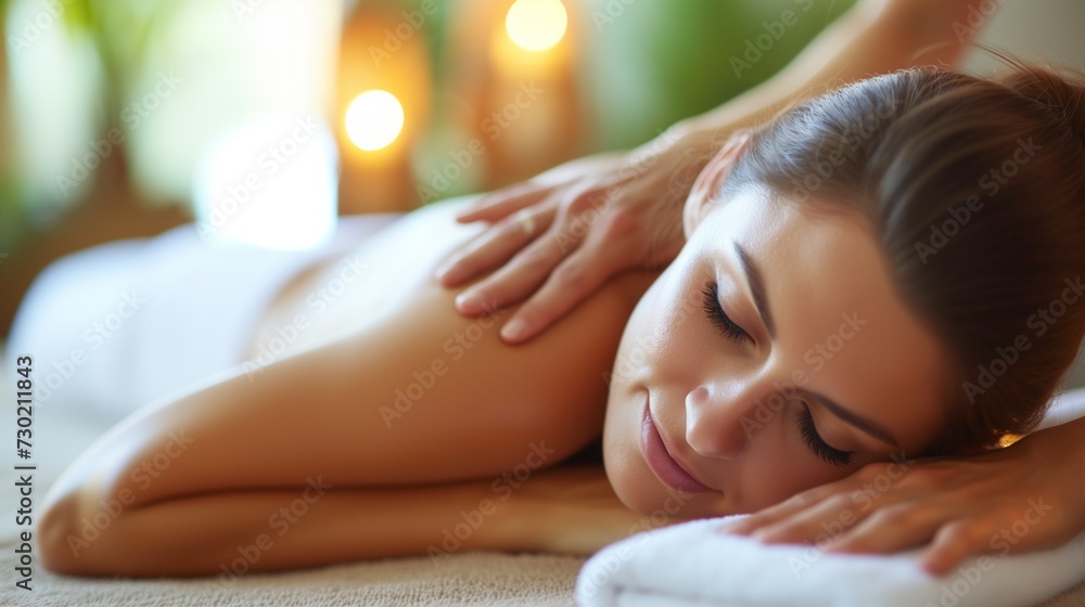 Obraz premium A young woman enjoys a relaxing back massage at a spa, with a serene and peaceful expression on her face.