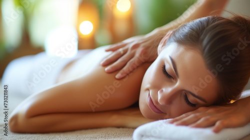 A young woman enjoys a relaxing back massage at a spa, with a serene and peaceful expression on her face.