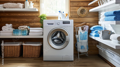 Modern bright laundry room with a white washing machine, a closet, a laundry basket for washing clothes near the window
