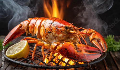 Canadian lobster grilled with grilled In a grill with flames  photo