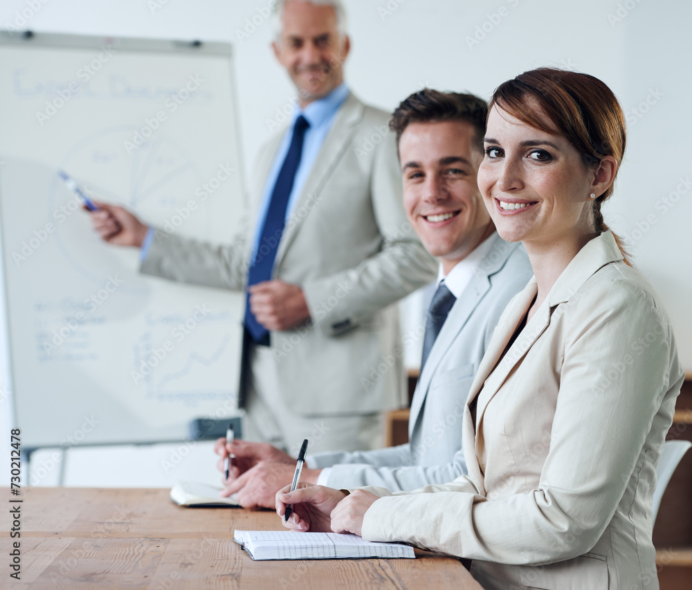 Fototapeta premium Portrait or business people or boss teaching in a meeting for presentation, coaching or team training. Smile, man or woman in boardroom meeting for skills, group learning or education in a mentorship