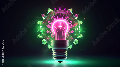 A bright idea illuminates the concept of innovation and creativity, symbolized by the glowing light bulb. This futuristic and modern design represents the energy of imagination and the potential for  photo