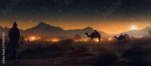 Camel caravan in the desert at night.
