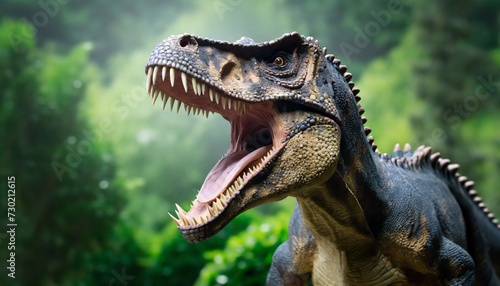 Big scary Dinosaur roaring in jungles  prehistoric plains. Ancient reptile with sharp teeth.