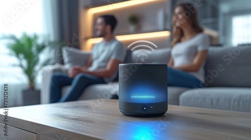 A smart speaker, on a table with a wifi icon in the background of happy people on the sofa listening to music