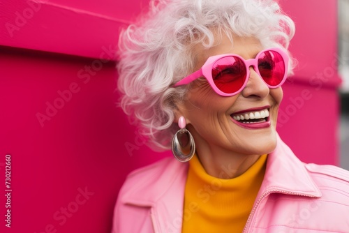 happy senior woman in pink sunglasses and pink jacket smiling on pink background