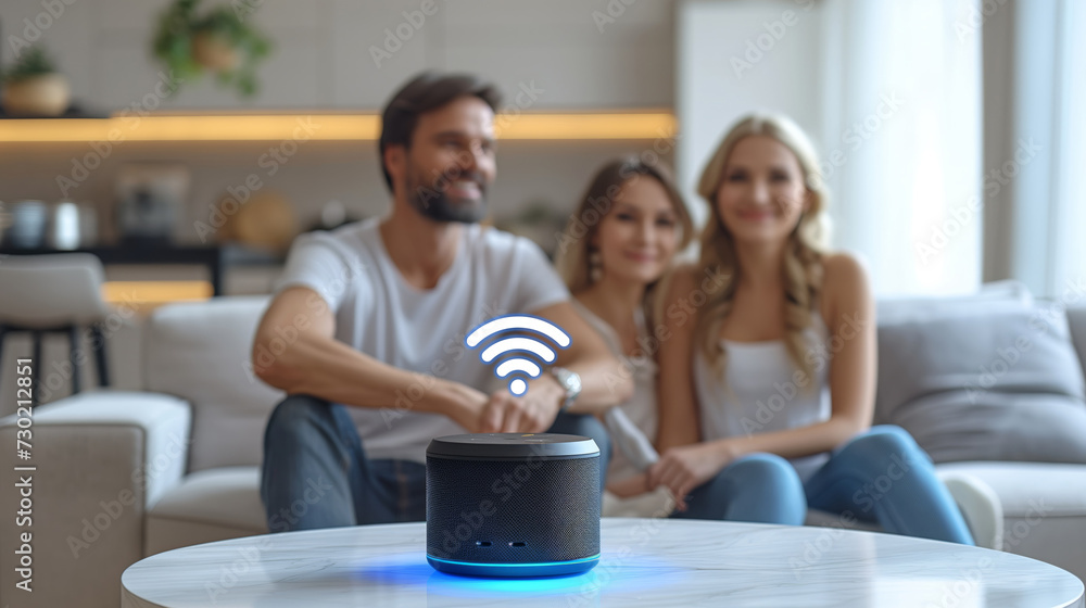 A smart speaker, on a table with a wifi icon in the background of happy people on the sofa listening to music