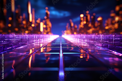 Futuristic Neon Circuit Board CityscapeVivid neon light lines mimic a cityscape, ideal for technology-themed backgrounds and futuristic urban design concepts.