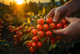 Harvest Glow: Sunset over Berry Fields. Golden hour illuminates a farmer's gentle hands picking ripe berries, showcasing the natural beauty and bounty of sustainable agriculture.