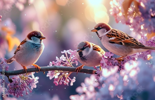 A picturesque scene of sparrows perched gracefully on a tree branch adorned with lush pink lilac flowers, set  © UMAR SALAM