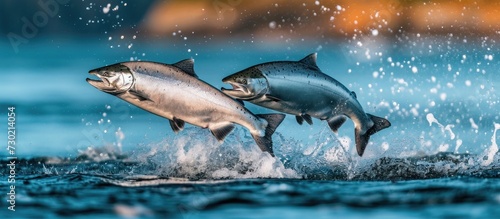 Two silver salmon jump from the waters of Resurrection Bay in Seward, Alaska. photo