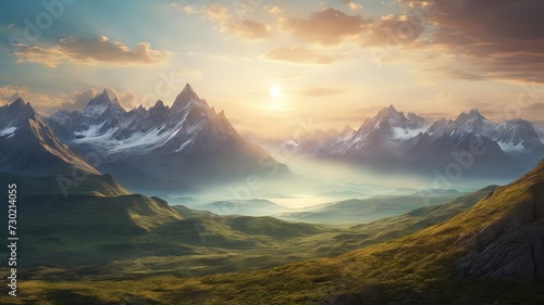 Golden sunset over majestic mountain peaks. Ideal for travel, nature themes. Sharp, dramatic landscape