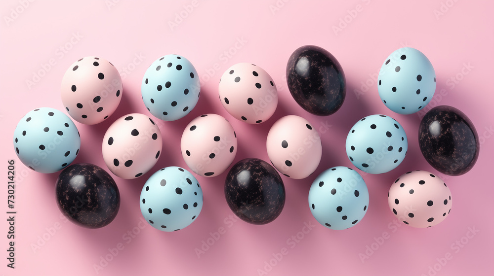 Minimalist Easter background, scattered eggs on a plain pastel surface Minimalist Easter background, scattered eggs on a plain pastel surface