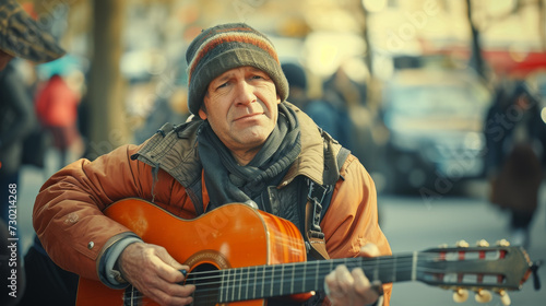 Street musician playing guitar on a shopping street of a busy city in winter