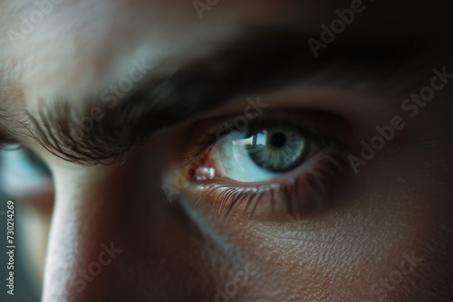 Close up of a green female eye with long eye lashes and defined eyebrows looking fierce