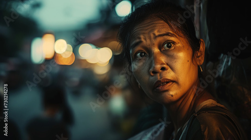 Cinematic portrait shot of an asian woman looking worried in urban streets