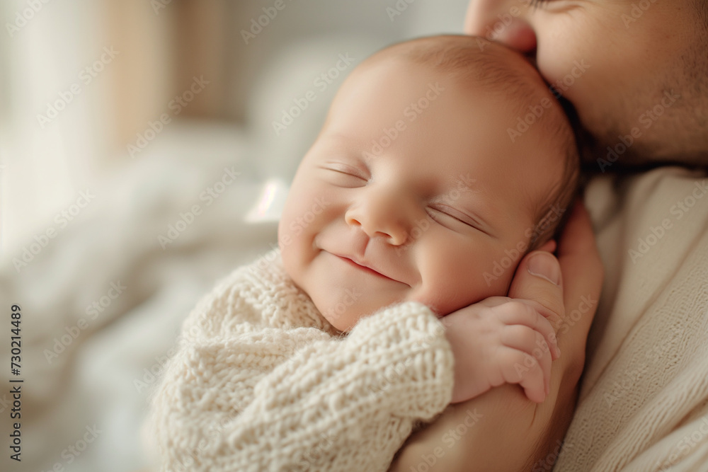 Portrait of a Newborn Baby, Cradled in the Loving Arms of a Parent, Capturing the Innocence of a Slight Smile and the Warmth of Parental Embrace in a Moment of Pure Joy and Connection Portrait of a Newborn Baby, Cradled in the Loving Arms of a Parent, Capturing the Innocence of a Slight Smile and the Warmth of Parental Embrace in a Moment of Pure Joy and Connection
