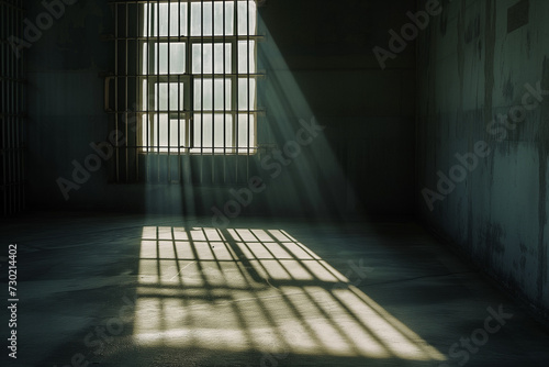 Perspective view from inside a prison cell, bars casting shadows on the floor, capturing the isolation and confinement, ambient light from a window