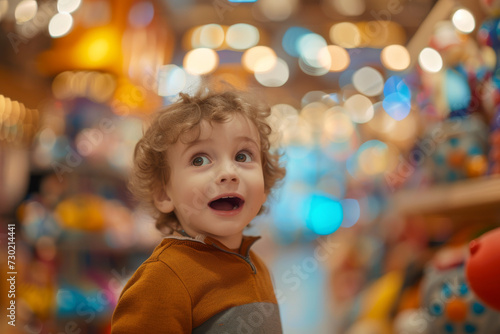Little boy blown away by store's toys and articles getting excited and happy