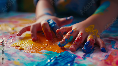 Hands of a child painting with fingerpaint on a big canvas with beautiful colors