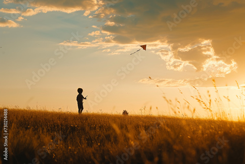 Silhouette of a child playing with a kite at fall at sunset