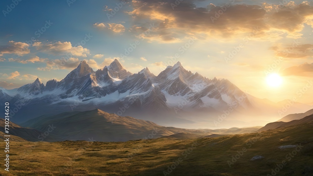 Golden sunset over majestic mountain peaks. Ideal for travel, nature themes. Sharp, dramatic landscape