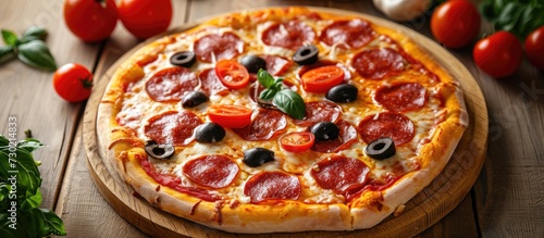 Pepperoni pizza topped with olives and cherry tomatoes on a wooden table.