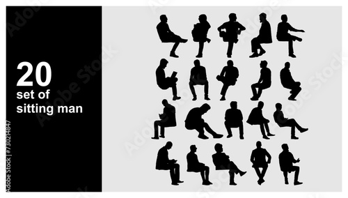silhouette of sitting people man, men Vector silhouettes of  men, a group of sitting on a bench  business people, profile, black color isolated on grey background